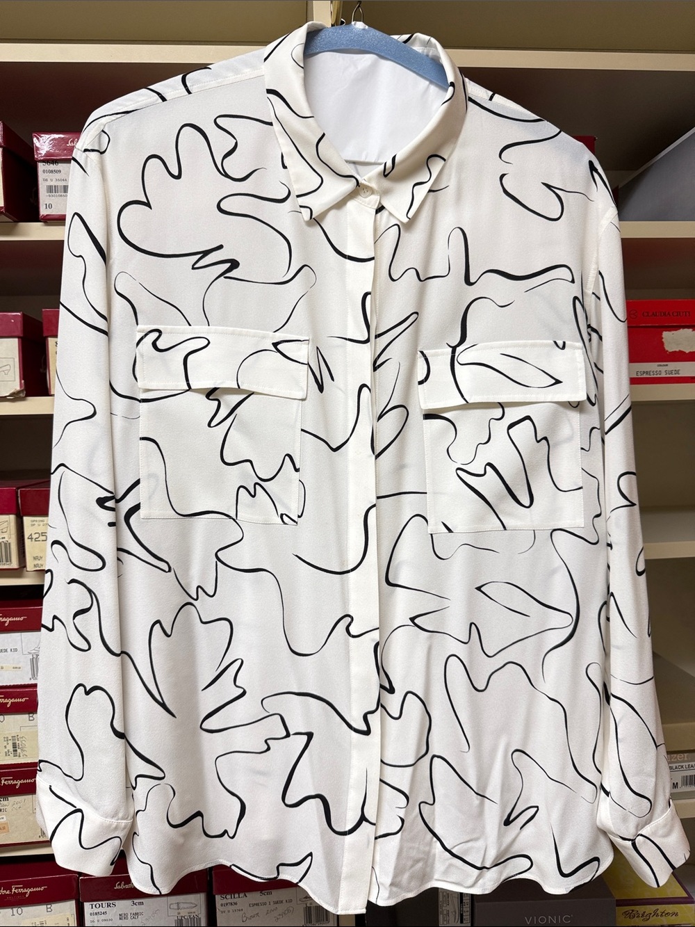 Lafayette 148 New York black 100% silk Button-Up Shirt with white abstract print